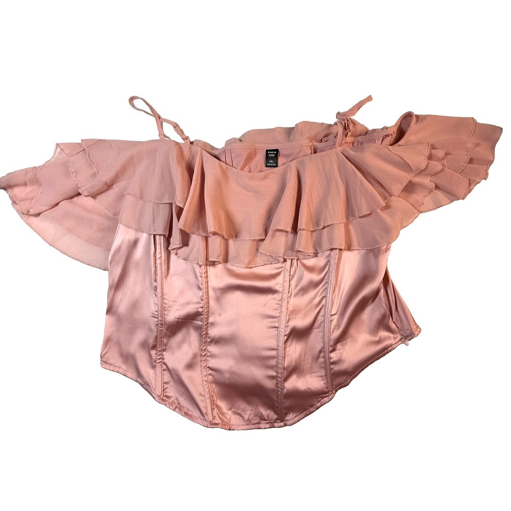 Shein Curve Corset Top Womens 4XL Pink Satin Off Shoulder Ruffle Blouse